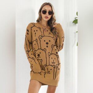 Bear Pattern Round Neck Sweater Dress